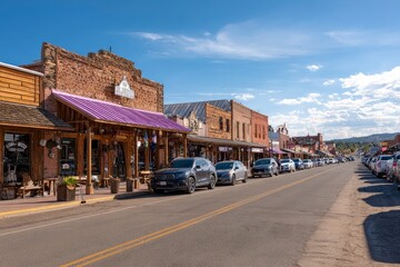 Street view shows shops cars lining both sides of a road under a clear sky in a Westernstyle town