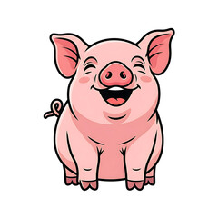 Cute cartoon baby pig sitting and laughing loudly. Adorable pink farm animal mascot vector illustration isolated on white.
