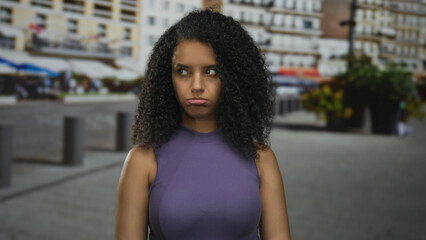 Young woman with curly hair pouts lips and slouches on an urban street lined with bollards; fatigue.