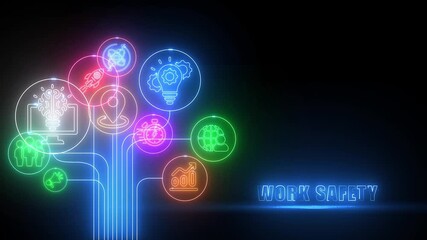 Neon Icons Representing Work Safety Concepts Connected in a Network on a Dark Background security protection - Powered by Adobe