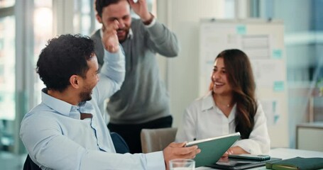 Business people, high five and tablet with team in meeting for congratulations or achievement in office. Excited employees, smile and winning together for promotion, good news or deal at workplace - Powered by Adobe