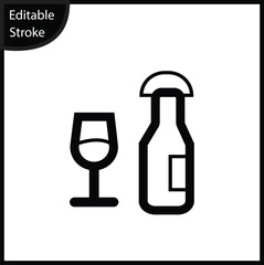 A minimalist linear icon featuring a wine glass next to a sealed bottle, set on a white background. This simple, editable stroke symbol is perfect for UI design, web and mobile applications, menus.