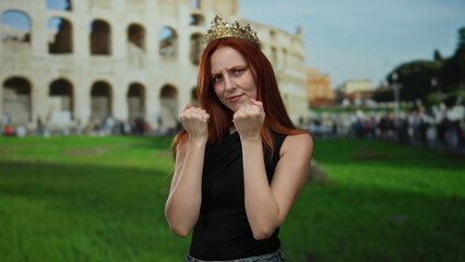 Fototapeta premium Woman with crown outside roman coliseum exuding elegance and charm in a captivating outdoor tourism setting featuring a redhead exploring an iconic historical landmark.