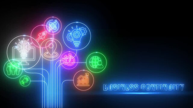 Neon Business Continuity Concept With Connected Icons And Abstract Network On Dark Background image photo