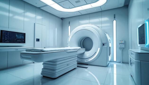 Modern MRI scanner in clean medical room. Advanced diagnostic equipment for accurate health scans and patient diagnosis. Future of radiology and medicine.