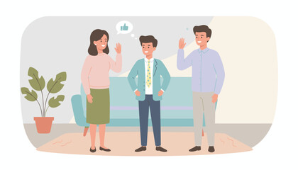 Friendly team greeting with waves and positive feedback Collaboration welcome and approval