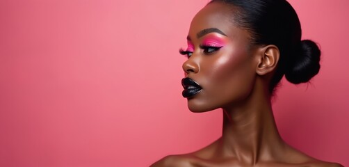 Fototapeta premium Glamorous portrait of afro american model on pink background. Woman wears fashion make up with black lips and pink eyeshadow. Beauty, fashion, cosmetics concept. Studio shot profile angle.
