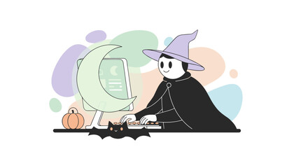 Happy witch or wizard working on computer with Halloween decorations Festive digital task