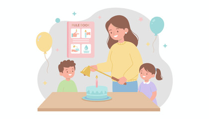 Mother teaches children candle safety during a happy family celebration at home