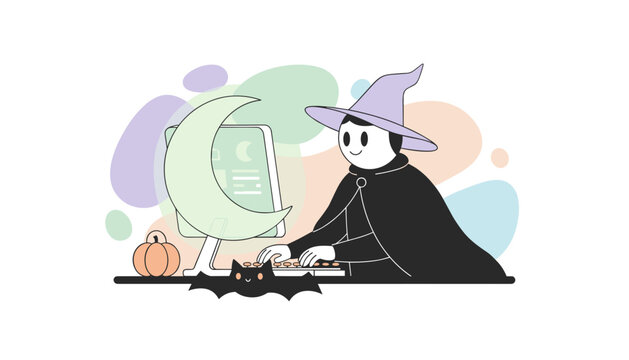 Happy witch or wizard working on computer with Halloween decorations Festive digital task