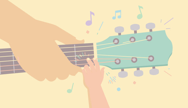 Adult hand teaches child to play guitar fostering music education and family bonding Joyful learning