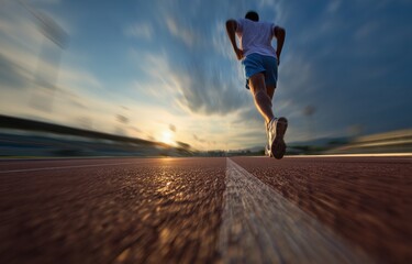 Wide-angle view of a man running on a track, wearing blue shorts and a white shirt.