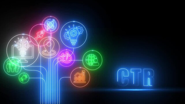 Glowing Neon Icons Representing Business Concepts Connected to CTR Text on Black Background click-through rate
