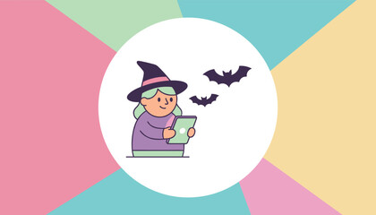 Cute witch using tablet with bats flying perfect for Halloween technology and fun communication concepts
