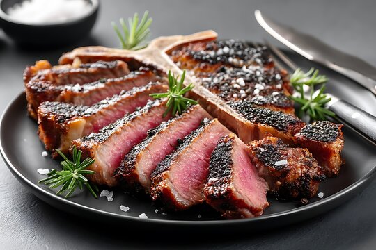A sliced T-bone or porterhouse steak on a black plate, roasted with herbs and spices. This gourmet dinner concept evokes the essence of a steakhouse menu and the indulgence of a BBQ grill experience.