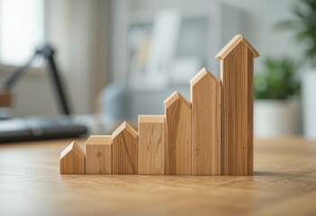 Bloques de madera con forma de flecha dispuestos en una trayectoria ascendente sobre el escritorio, que representan crecimiento, ambición y logros