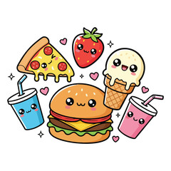 Kawaii food characters including burger pizza strawberry ice cream and drinks vector