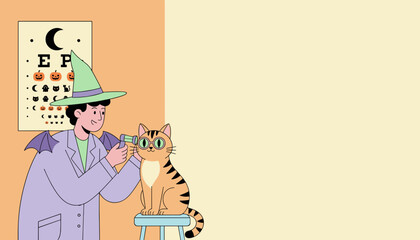Halloween vet examines a cute cats eyes with a spooky eye chart for pet health concept