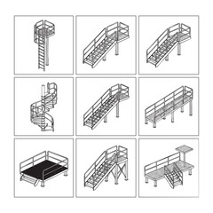 Industrial metal stairs platforms ladders and spiral staircase line art vector