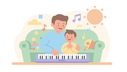 Happy father and son learning piano together joyful family music education