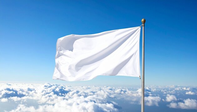 Plain white flag waving on metallic flagpole with gold finial, set against bright blue sky with scattered clouds, fluttering in wind, symbolic of peace, surrender, or truce, minimal and uplifting comp