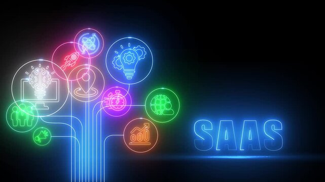 Neon glowing SAS icons connected in a network with the word SAS in blue neon light on a dark background - Powered by Adobe