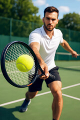 Professional male tennis player hitting forehand shot during match on outdoor court, athletic training, sports action, fitness, competition, summer sport concept