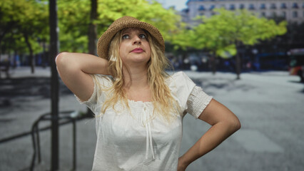 Naklejka premium Woman hand on neck and hand on hip wearing straw hat and white blouse on busy city street; weary contemplation.