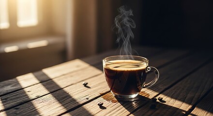 Fototapeta premium Aromatic steamy espresso in a clear glass cup illuminated by sunlight through window casting shadows on rustic wooden