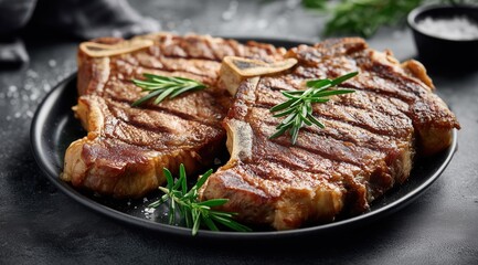 A perfectly grilled beef steak, seasoned with rosemary and salt, is presented on a plate against the backdrop of an elegant dining table.