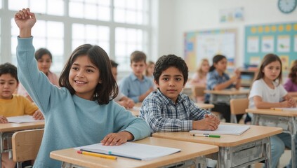 Fototapeta premium Young students actively participating in a classroom lesson, with one raising their hand eagerly to answer a question