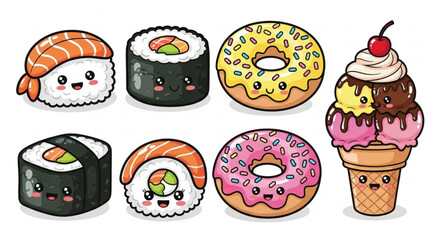 A delightful assortment of kawaii food icons, including sushi, donuts, and ice cream, all with charming expressions
