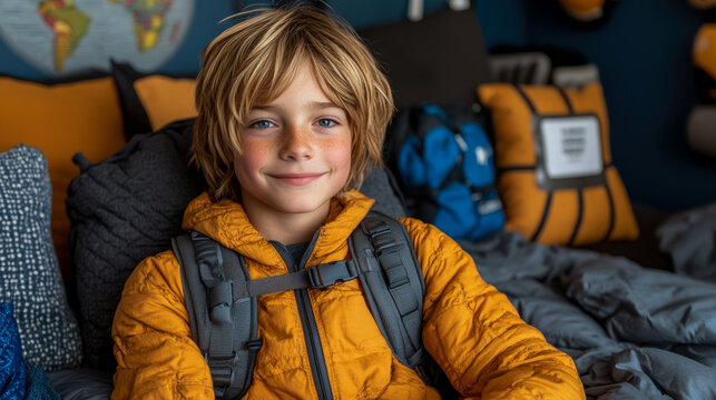 Close-up portrait of smiling young boy with blonde hair and freckles, wearing yellow puffer jacket and backpack, sitting on bed in cozy room with world map
