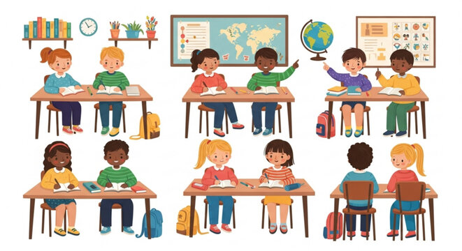 A vibrant classroom scene with diverse students learning at their desks, complete with educational materials and a world map
