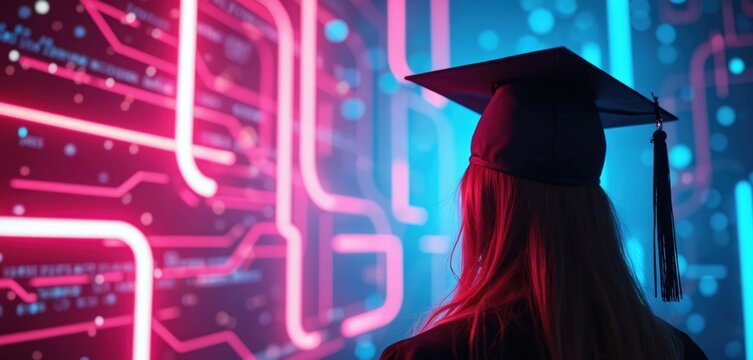 Graduate in cap views futuristic digital interface with glowing neon circuit lines. Future education, online learning, academic achievement and AI tech.