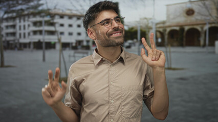 Friendly smiling young man wearing glasses and a beige shirt showing peace sign with both hands on...