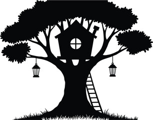 Silhouette of Treehouse with Ladder and Lanterns – Peaceful Nature Retreat for Childhood Adventure, Imagination, and Forest Escape in Black and White