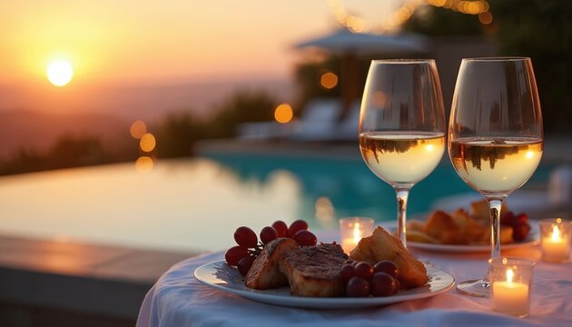 Table set for romantic dinner by the pool at sunset. Wine glasses filled with white wine, plates with dessert and red grapes, candles lit on white tablecloth. Pool and lounge chairs in the background.