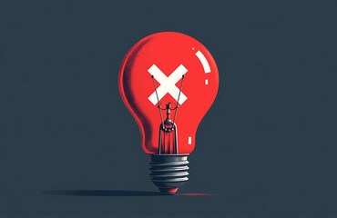 white x centered within red lightbulb symbolizing failed concept representing notion error
