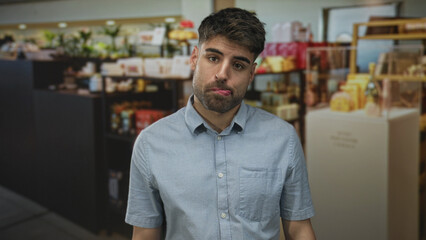 Man with bare face sticks tongue out amid decor shelves in building; playful defiance youthful...