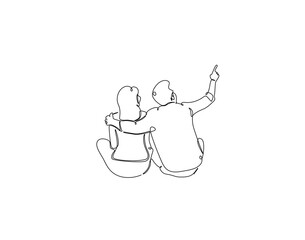 Continuous one line drawing of couple sit pointing at the sky. One line drawing illustration of couple hugging rear view. Thinking and planning concept single line. Editable outline