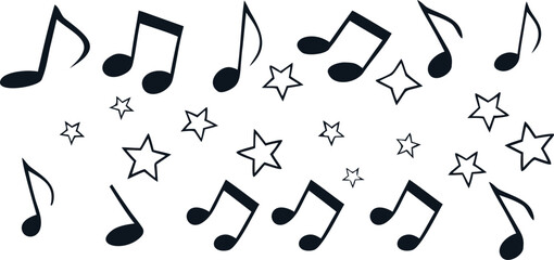 Musical notes and star pattern illustration, playful melody and rhythm background design, black and white music symbol art for creative decor, celebration, or artistic concept.