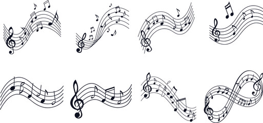 Flowing musical notes and treble clef line art set, elegant curved staff illustration  melody, harmony, and rhythm, decorative music wave design for art, sound, or creativity concept. © redoan