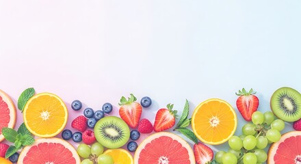 Colorful assortment of fresh fruits arranged creatively with a light pastel background providing a refreshing vibe