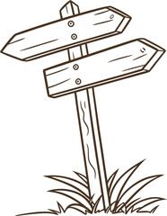 Rustic wooden direction signpost illustration with grass, vintage hand drawn blank road pointer design, outdoor navigation and travel symbol for adventure or countryside path concept.