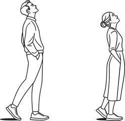 Minimalist line art of man and woman standing and looking up, stylish couple outline illustration in casual clothing, modern black drawing  curiosity, thought, or admiration.