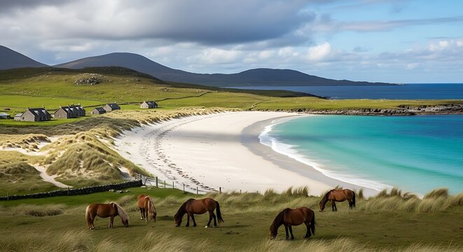 Horses Grazing on a Scottish Beach with Turquoise Water and Mountains.