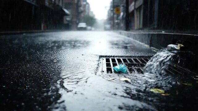 Powerful rainstorm flooding city streets and flowing into storm drains dynamically