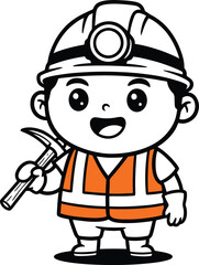 Fototapeta premium Cute Chibi Miner Character Mascot, Line Art Drawing