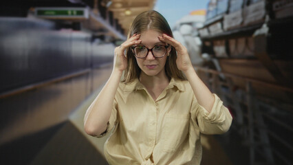 Young blonde woman wearing glasses holds hand to forehead in puzzled gesture on cruise deck;...